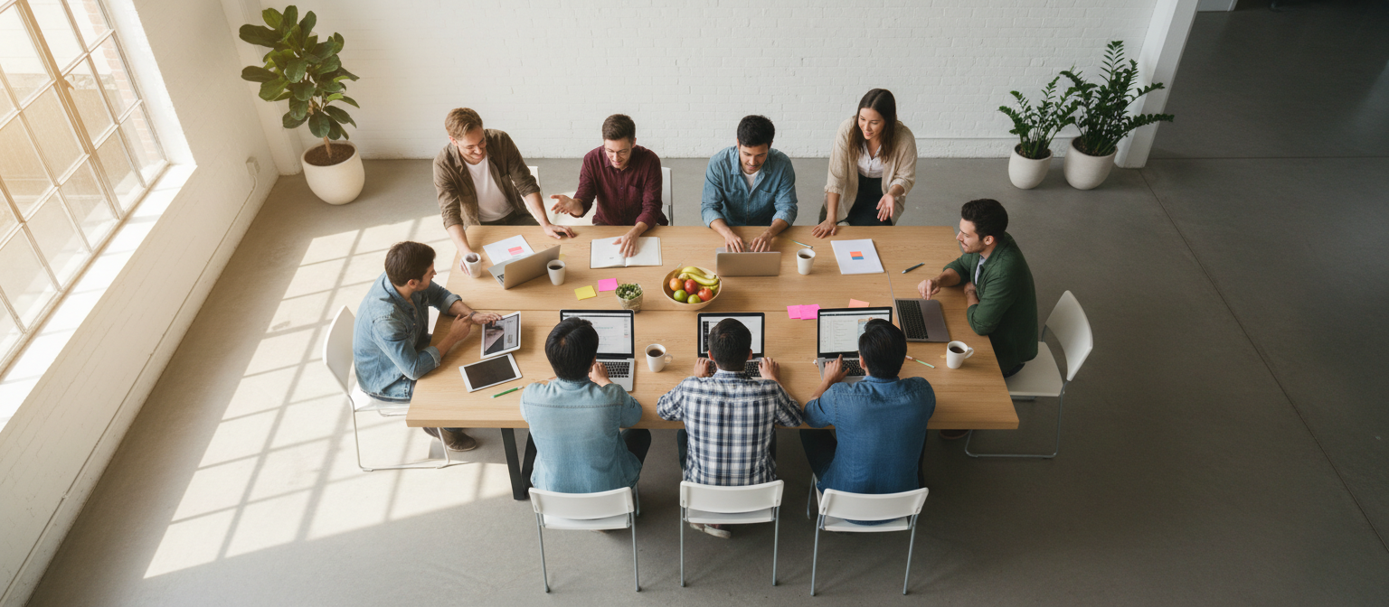Team collaborating around a meeting table